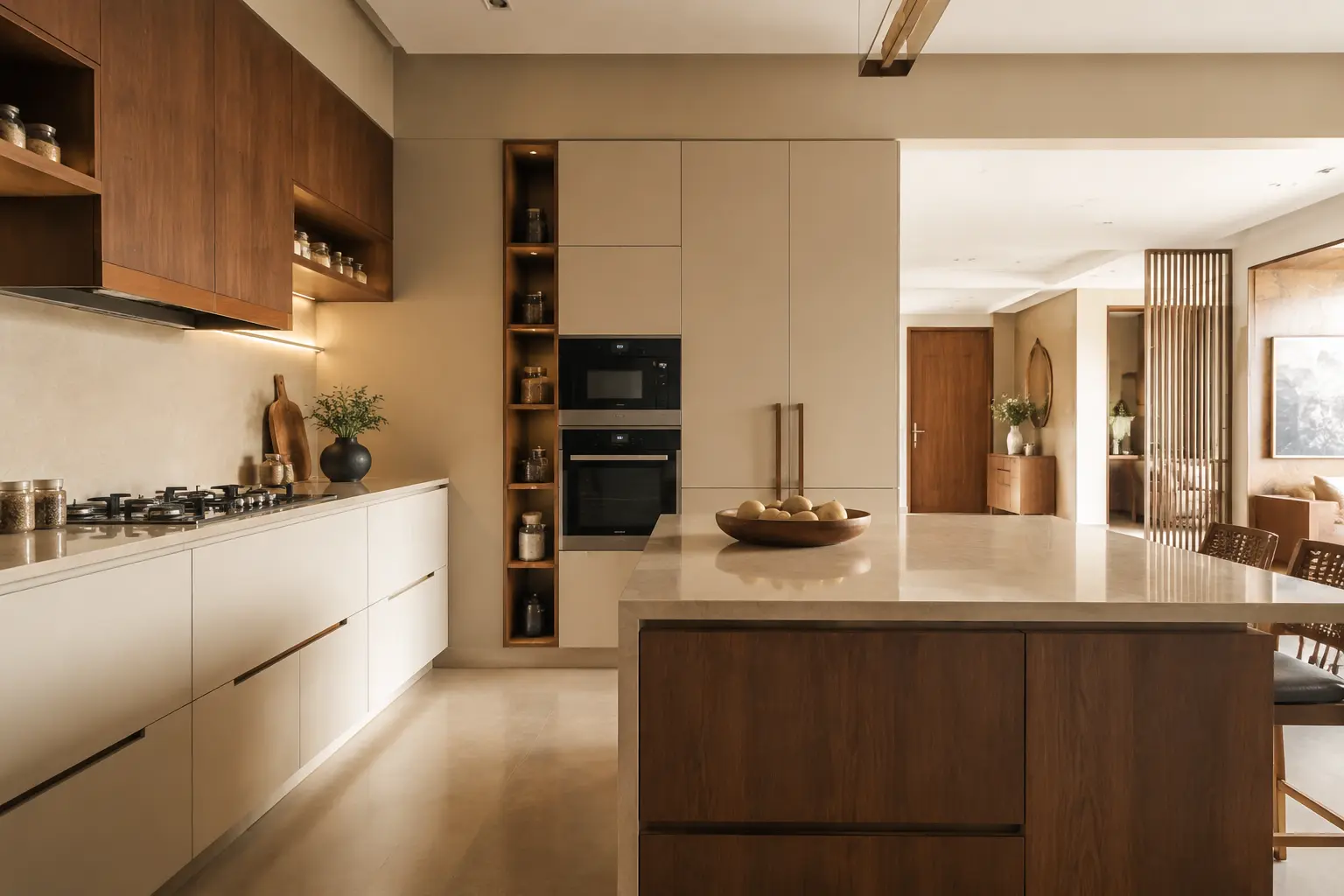 Warm contemporary modular kitchen by SRM Design Studio